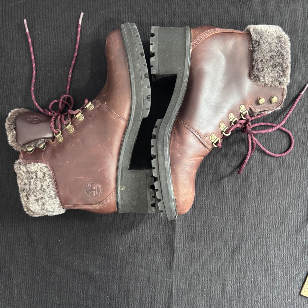 Timberland Kinsley 6 Inch Waterproof Burgundy Leather Faux Fur Boots Women 9.5 - Picture 8 of 11